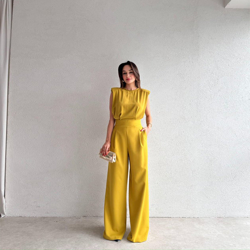 Trendy Lace-Up Sleeveless High Waist Wide-Leg Solid Color Jumpsuit