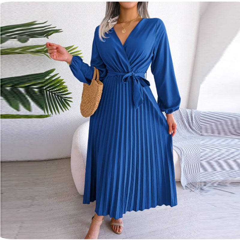 Pleated Lace-Up V-Neck Long Dress