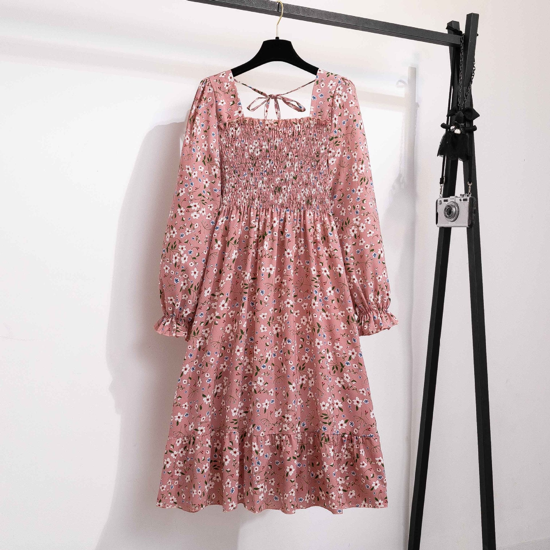 Vintage Floral Midi Dress — High‑Waist Square Neck