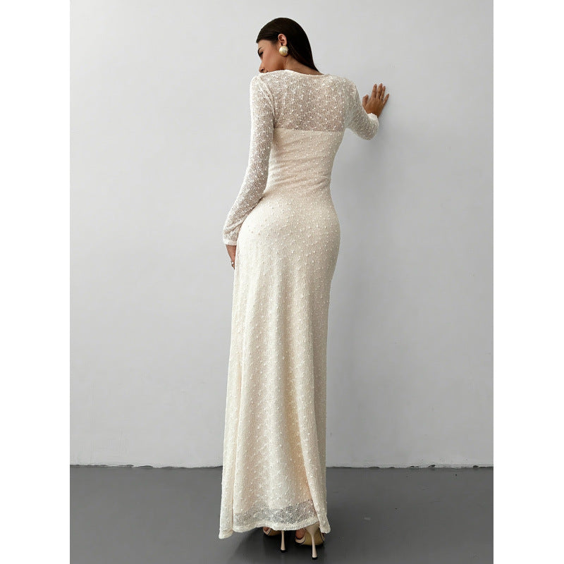 Graceful Apricot Knitted Polyester Jacquard Long Sleeve Dress