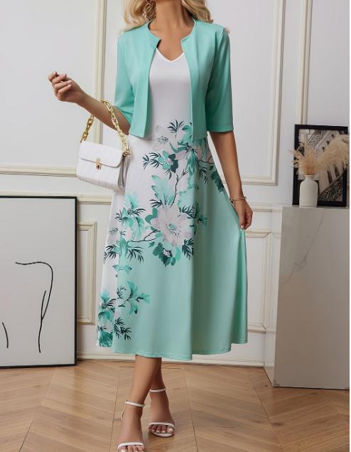 Graceful Blue Floral Print V-Neck Two-Piece Jacket Dress Set