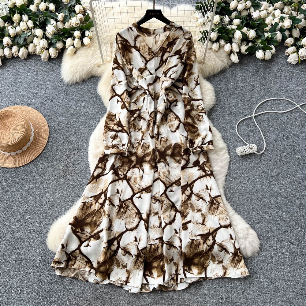 Graceful Khaki Polyester Printed V-Neck Long Dress