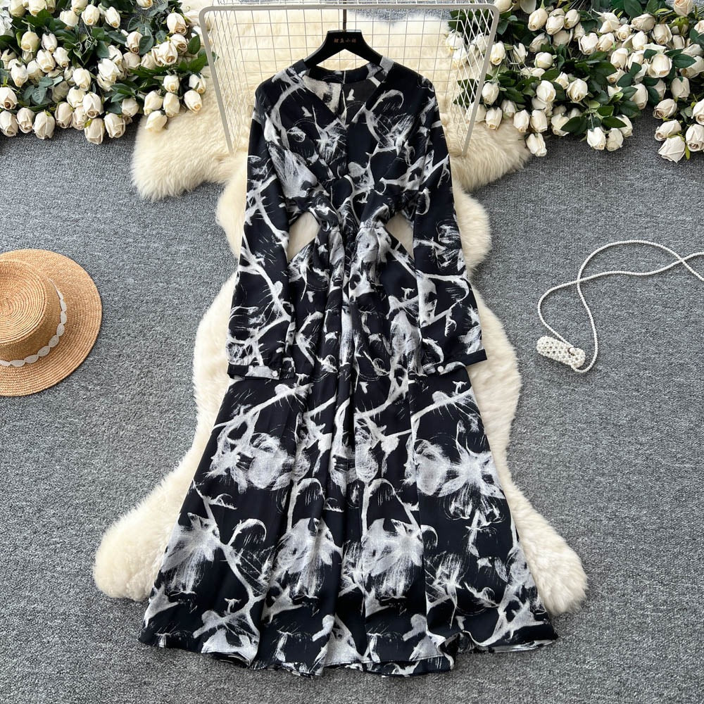 Graceful Khaki Polyester Printed V-Neck Long Dress