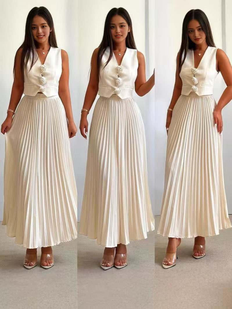 Graceful White 3D Floral Polyester Sleeveless Midi Skirt Set Outfit