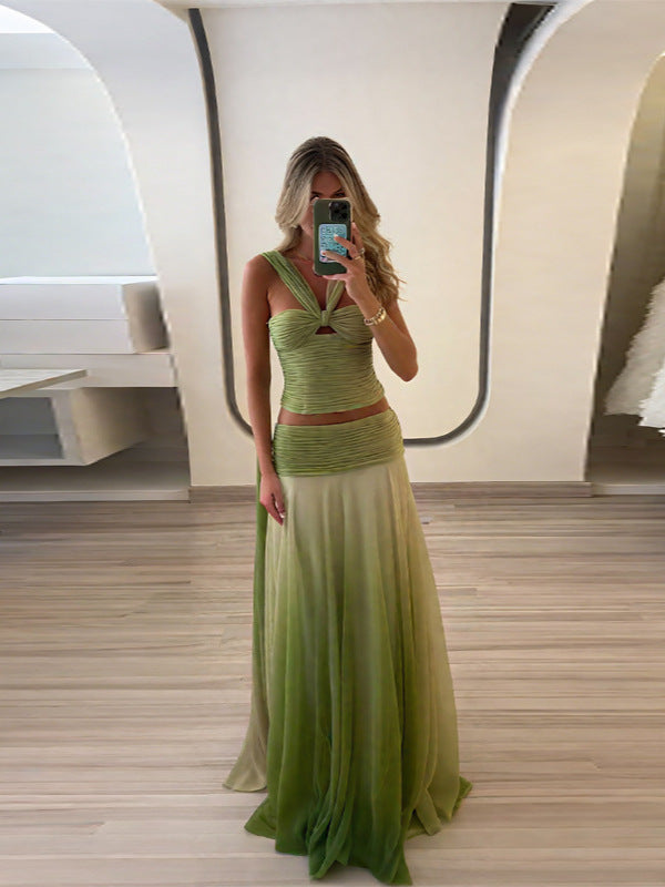 Gradient Halter Neck Two-Piece Elegant Summer Skirt Set