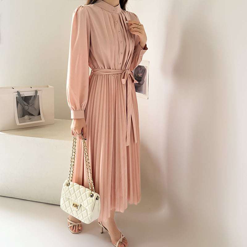 Japanese Style Casual High Waist Button Pleated Midi Dress 2025
