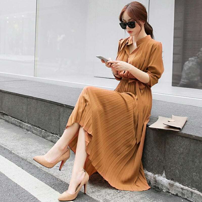 Japanese Style Casual High Waist Button Pleated Midi Dress 2025