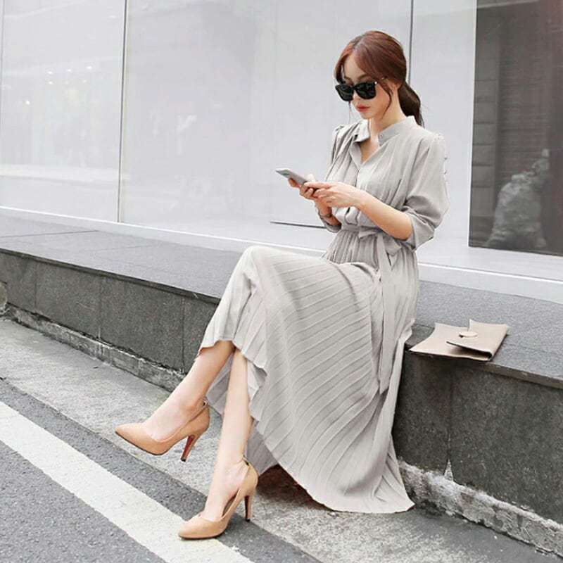 Japanese Style Casual High Waist Button Pleated Midi Dress 2025