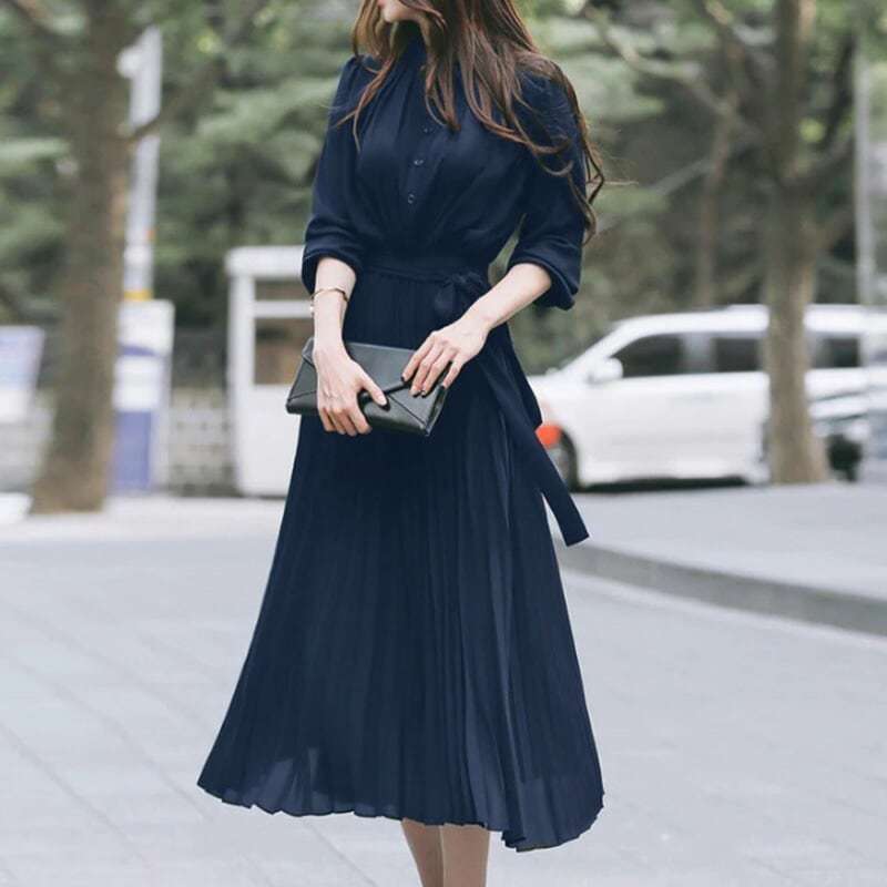 Japanese Style Casual High Waist Button Pleated Midi Dress 2025