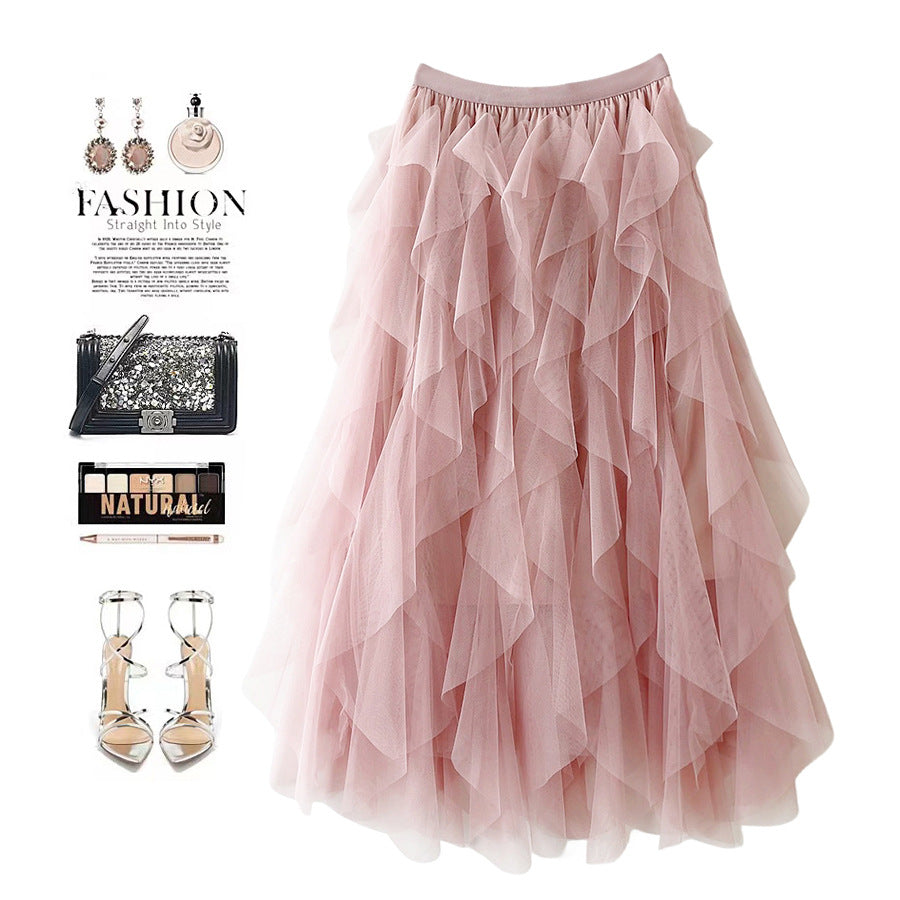 Elegant Tassel Hem Layered Mesh Midi Skirt - Flowy High Waisted Ruffled Tulle Skirt