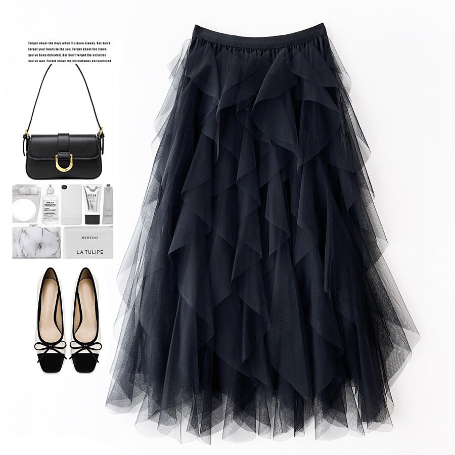 Elegant Tassel Hem Layered Mesh Midi Skirt - Flowy High Waisted Ruffled Tulle Skirt
