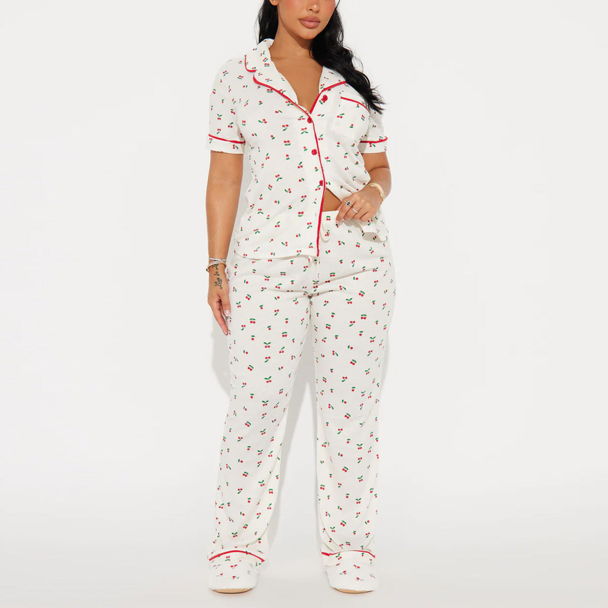 Letter Embroidery Pajama Co Ord Set – Short Sleeve Shirt & Trousers