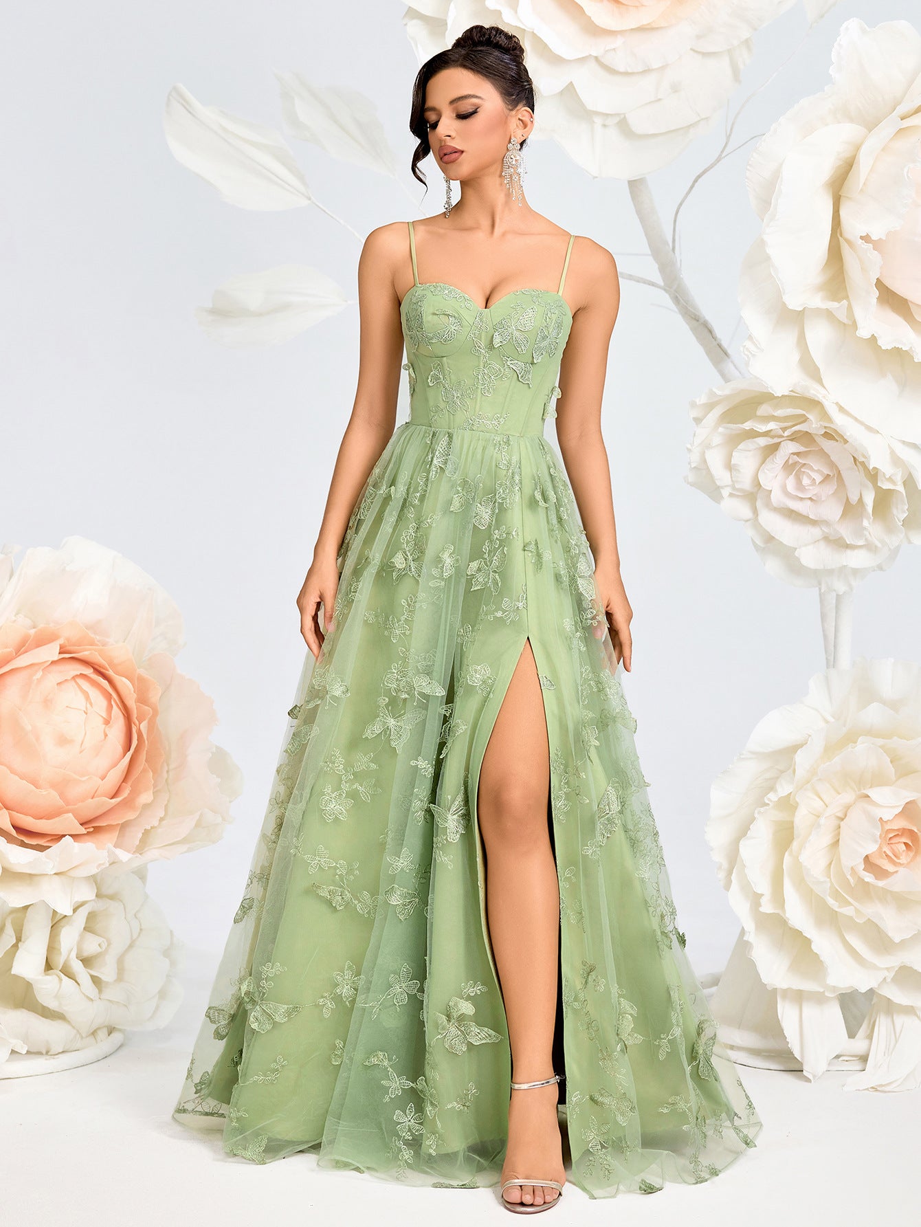 Light Green Butterfly Embroidered Mesh Backless Long Dress