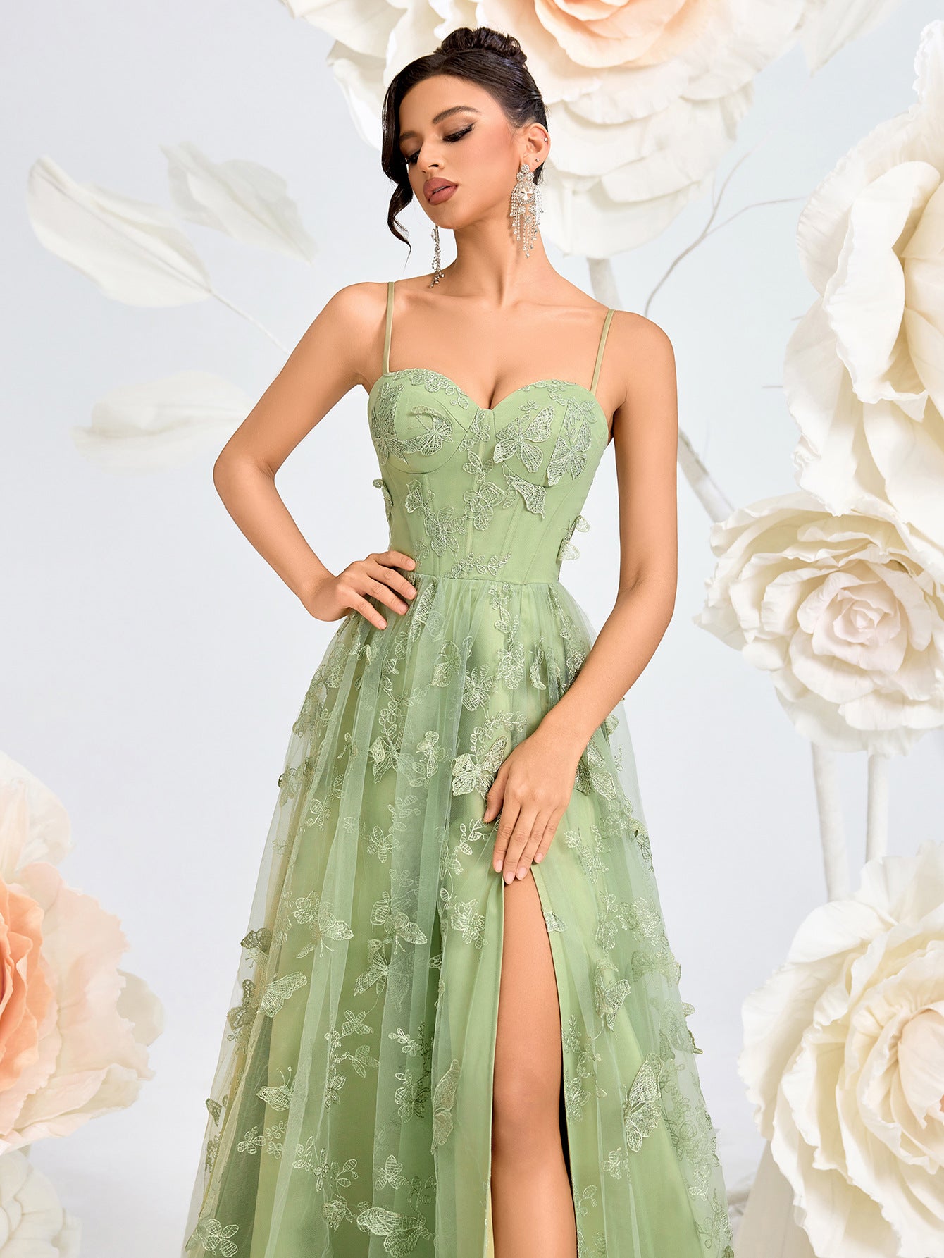 Light Green Butterfly Embroidered Mesh Backless Long Dress