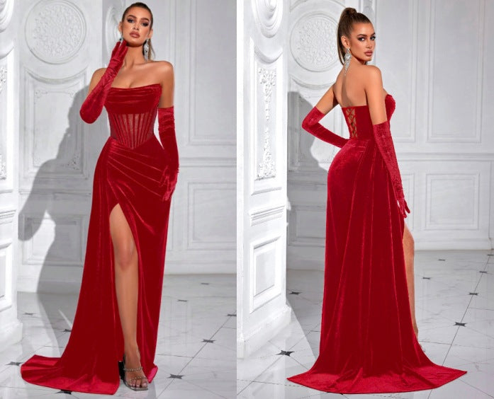 Luxurious Korean Velvet Strapless Tail Long Evening Dress