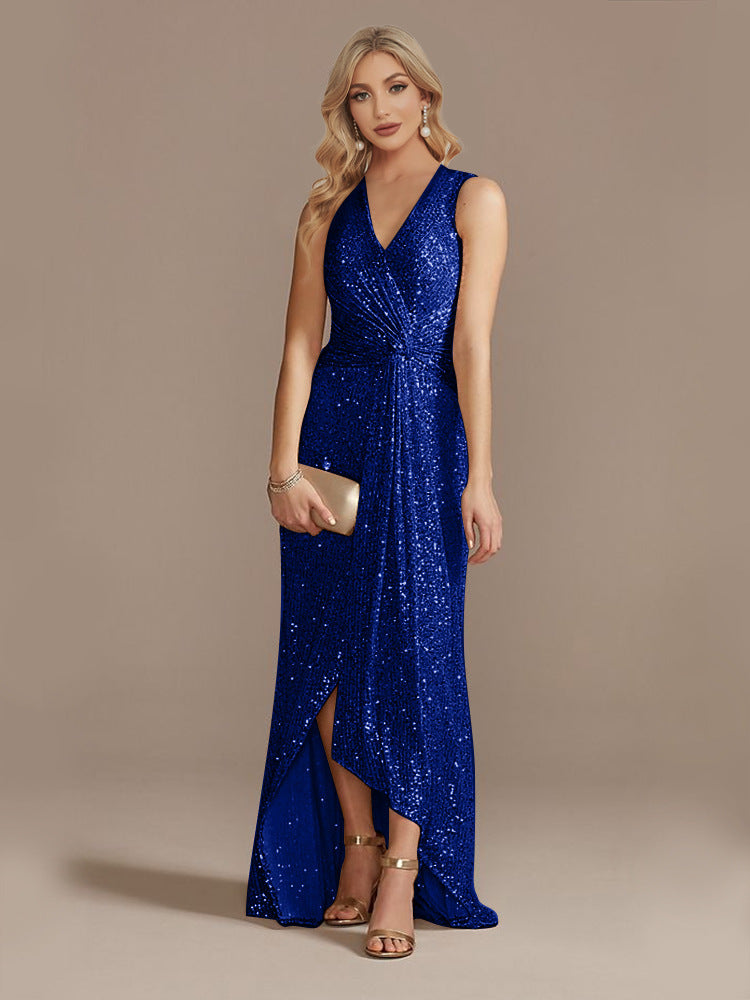 Sequin Deep V Sleeveless Long Evening Dress for Bridesmaids