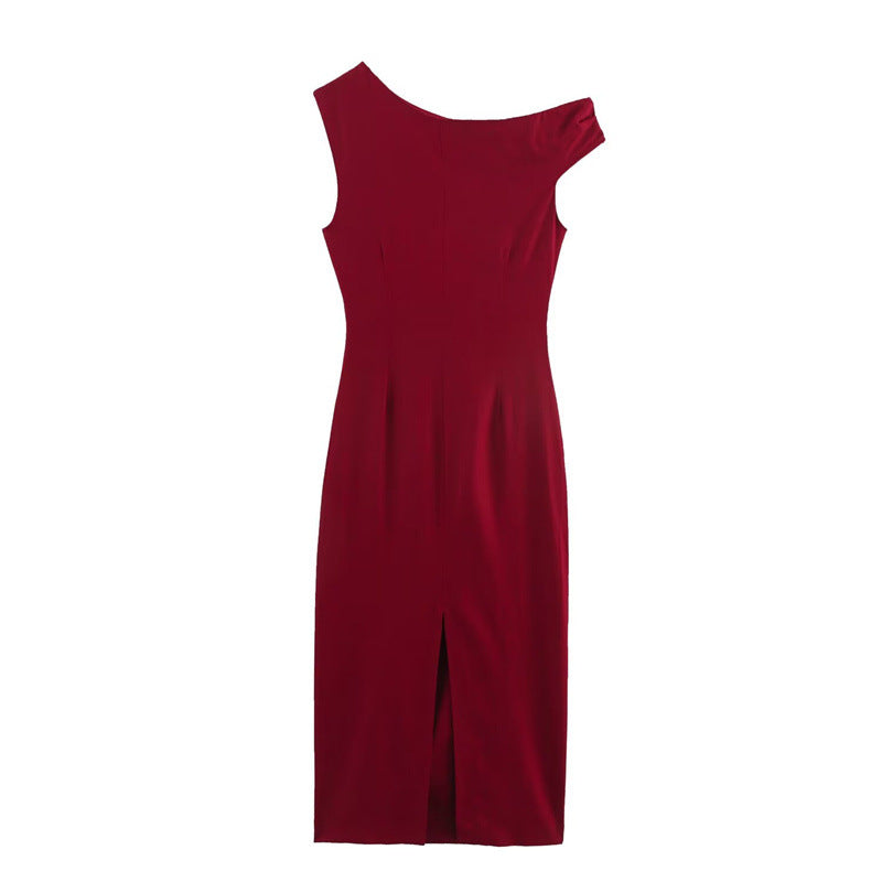 Elegant Claret Pleated Linen Blend Midi Dress for Women 2025