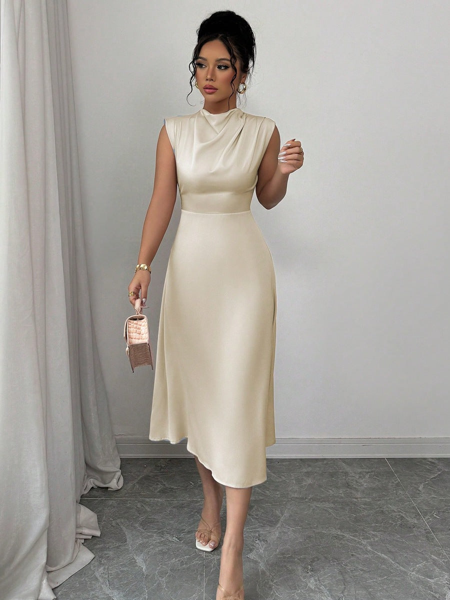Satin Scarf Collar Sleeveless A-Line Midi Dress for Women
