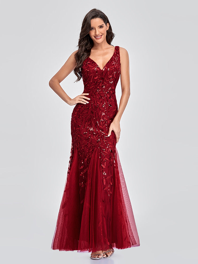 Embroidered Tulle V-Neck Mermaid Gown for Elegant Evenings