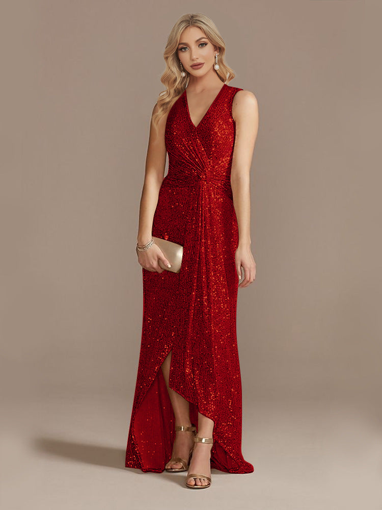 Sequin Deep V Sleeveless Long Evening Dress for Bridesmaids