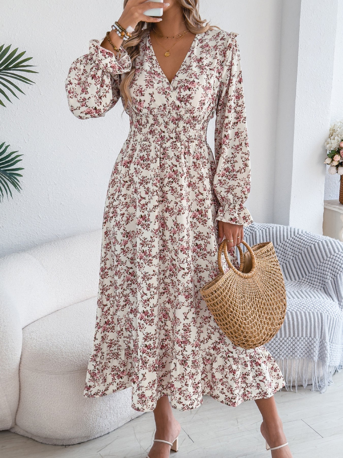 Floral Ruffle Long Sleeve Cross V-Neck Maxi Dress 2025