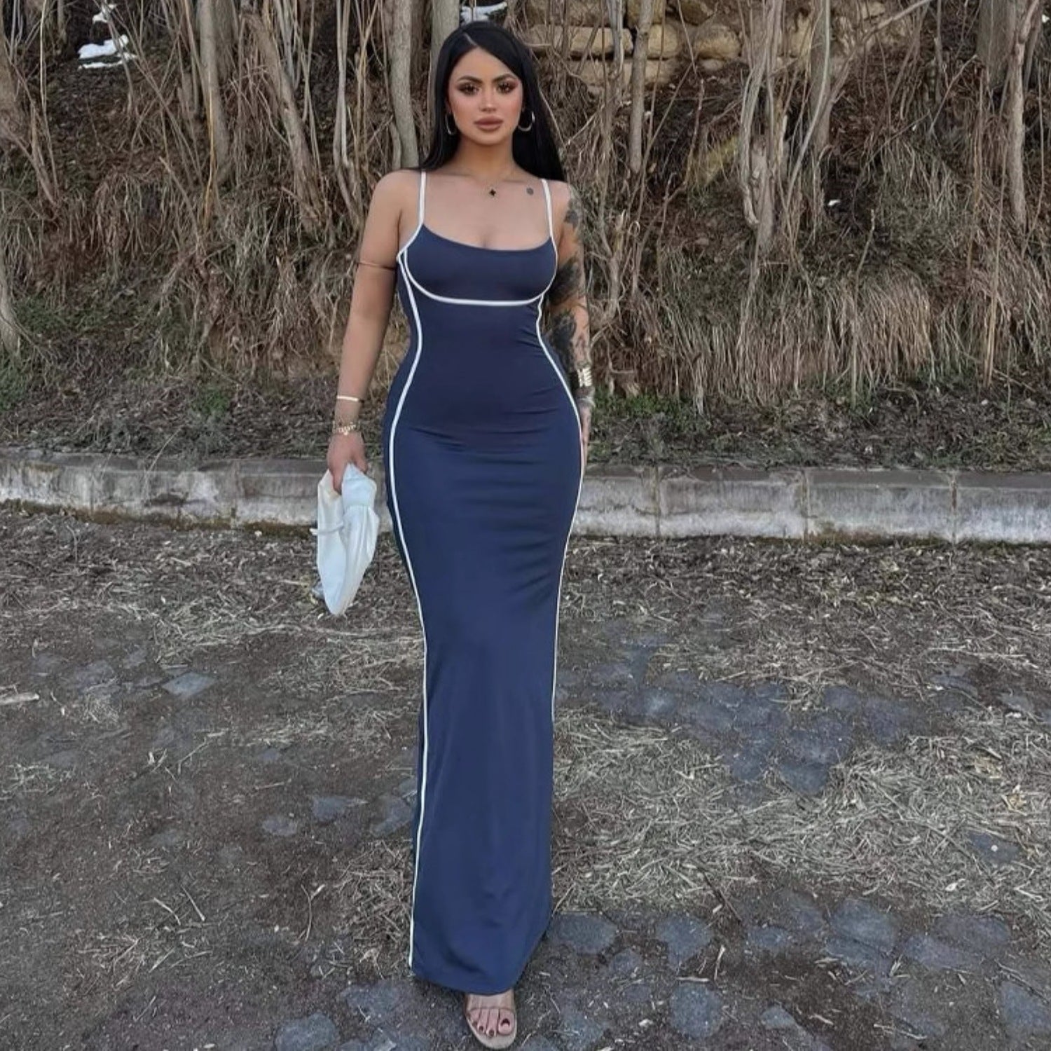 Elegant Red Color-Block Sleeveless Bodycon Maxi Dress