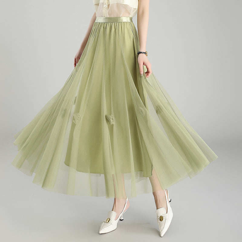 Black/White Bowknot Mesh A-Line Skirt - Trendy High Waisted Tulle Maxi Skirt