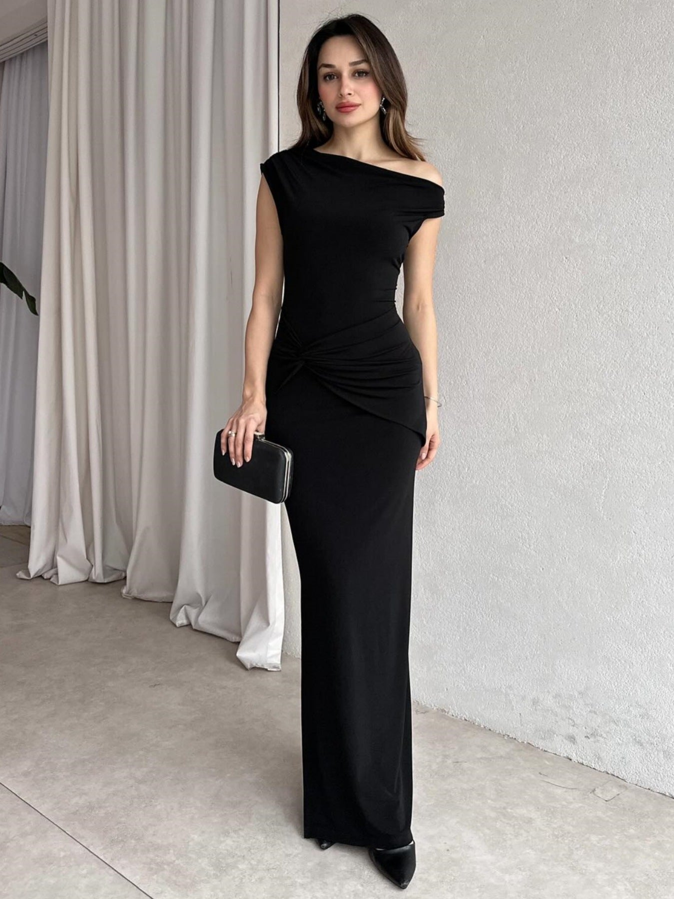 Elegant Blue Slant Collar Short Sleeve Pleated Maxi Dress