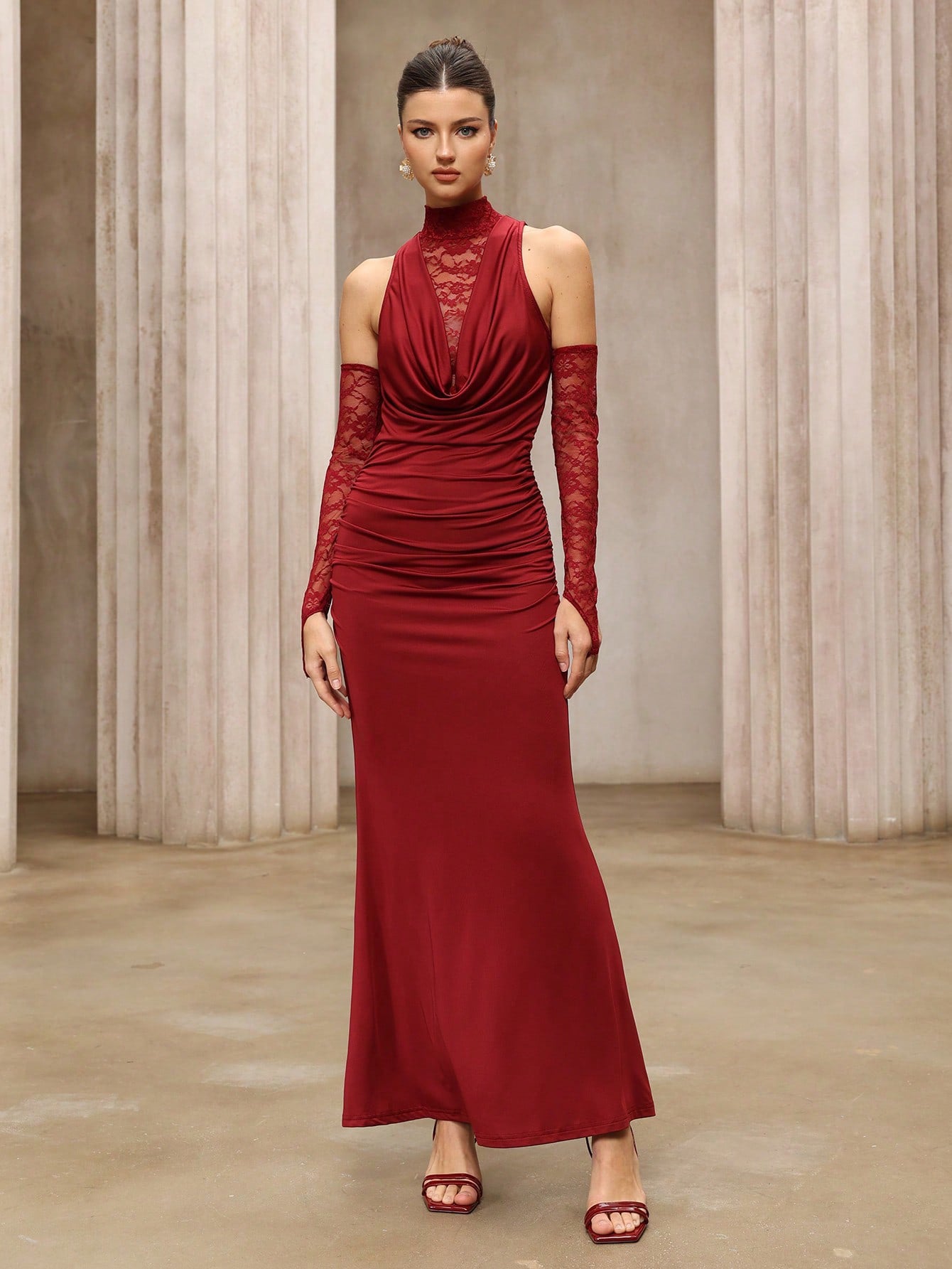Wine Red Lace High Collar Off Shoulder Long Evening Dress
