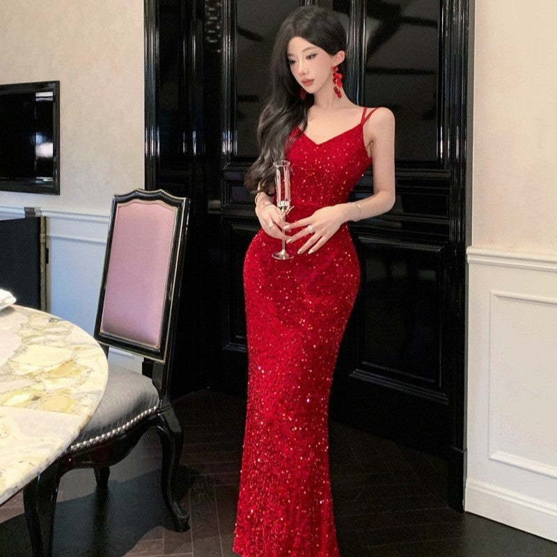 Charming Backless Sequined V-Neck Hip Dress for Party Nights