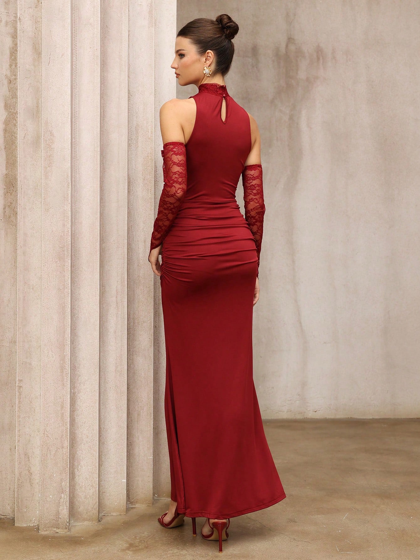 Wine Red Lace High Collar Off Shoulder Long Evening Dress