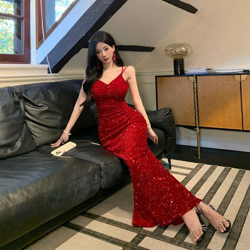 Charming Backless Sequined V-Neck Hip Dress for Party Nights