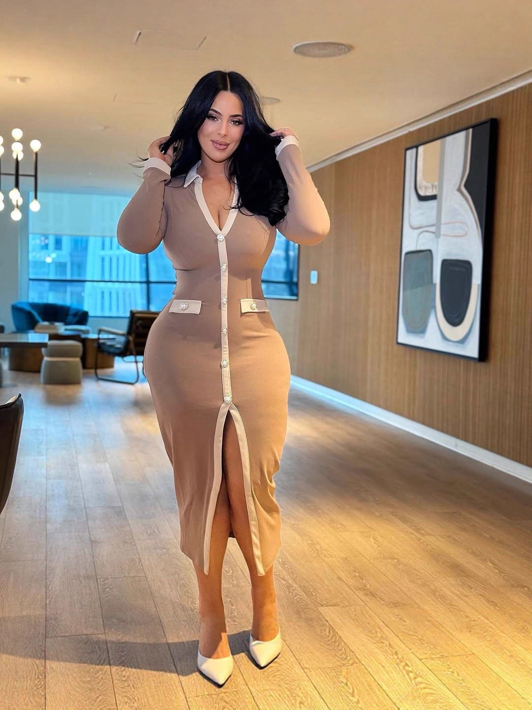 Classy Khaki V-Neck Button-Front Long Shirt Dress