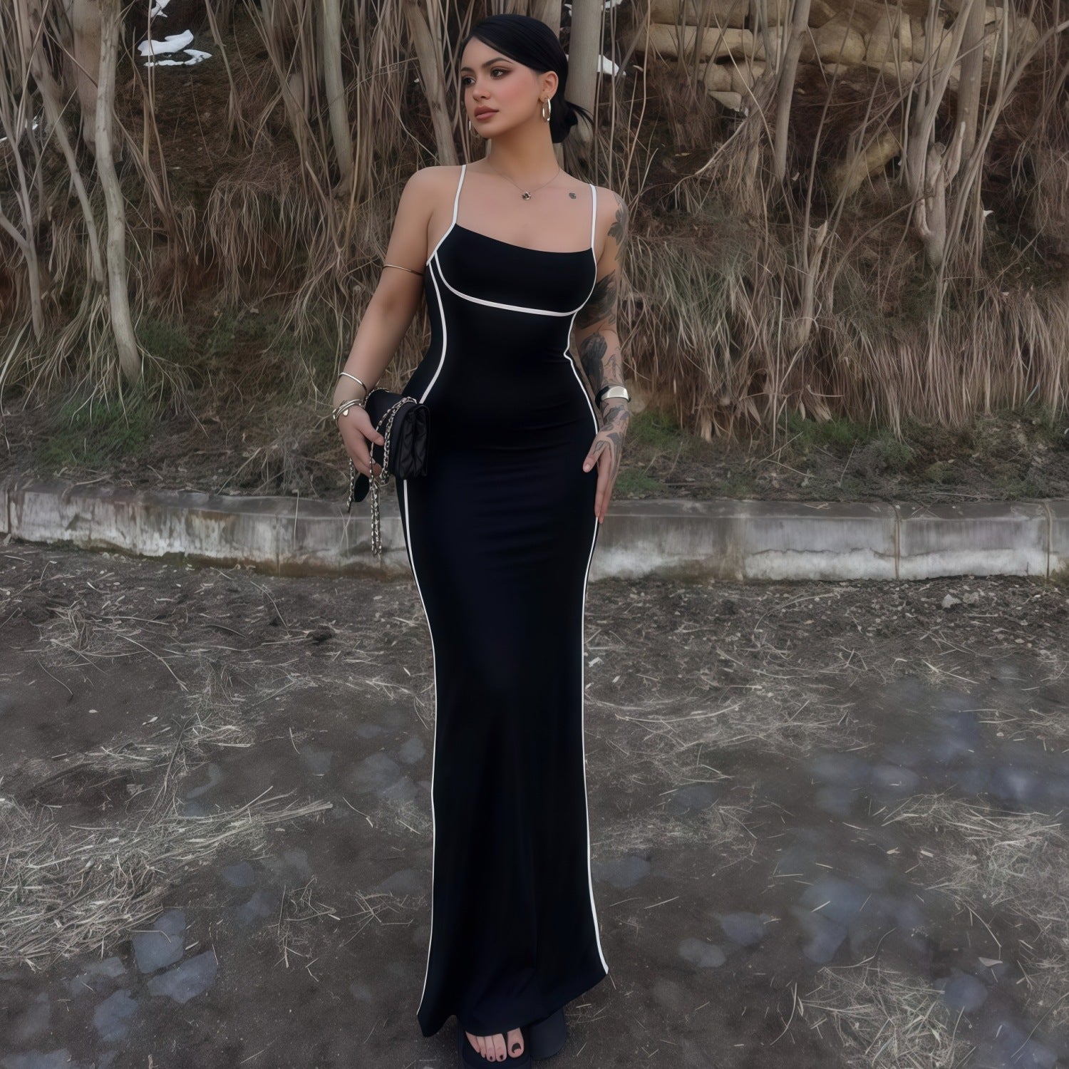 Elegant Red Color-Block Sleeveless Bodycon Maxi Dress