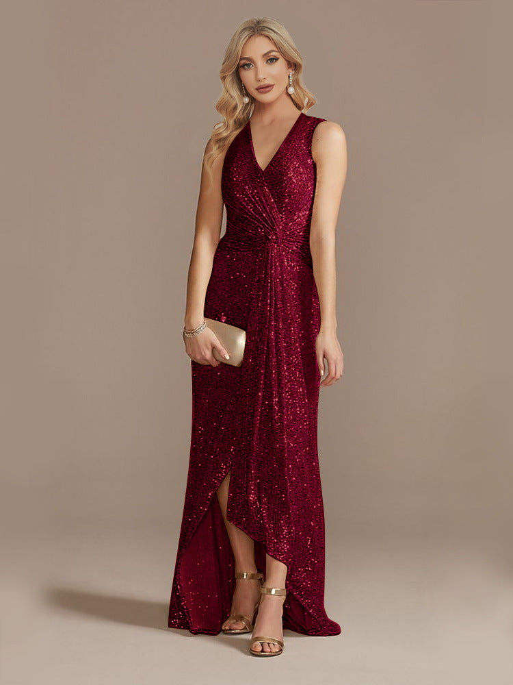 Sequin Deep V Sleeveless Long Evening Dress for Bridesmaids