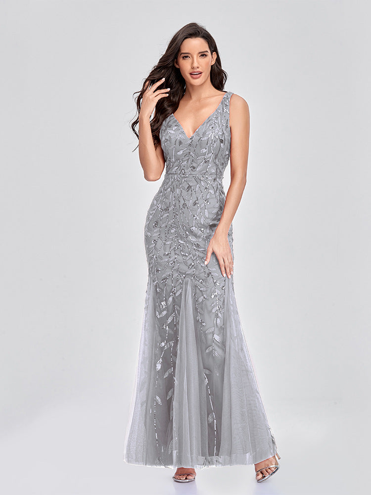 Embroidered Tulle V-Neck Mermaid Gown for Elegant Evenings