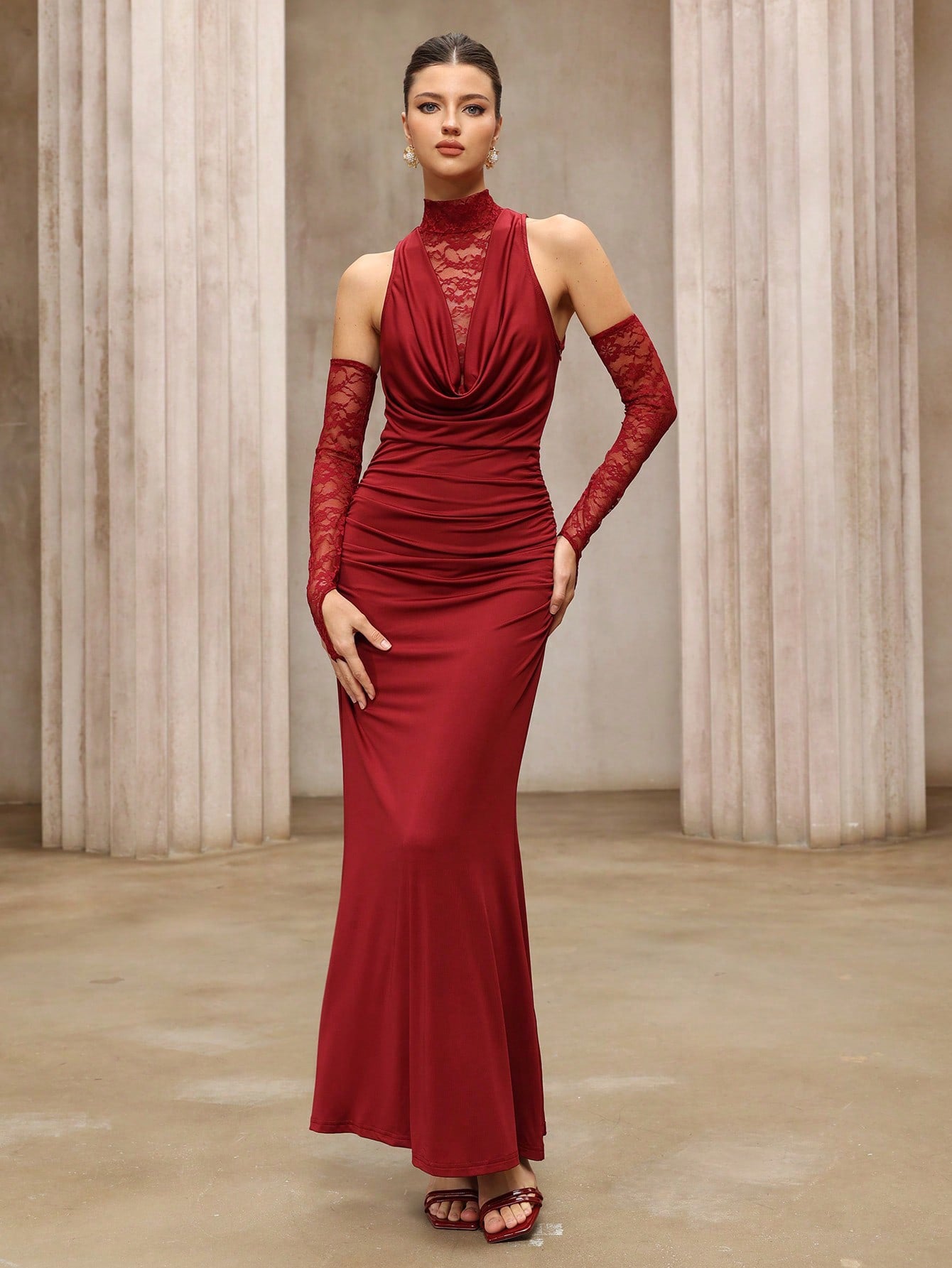 Wine Red Lace High Collar Off Shoulder Long Evening Dress