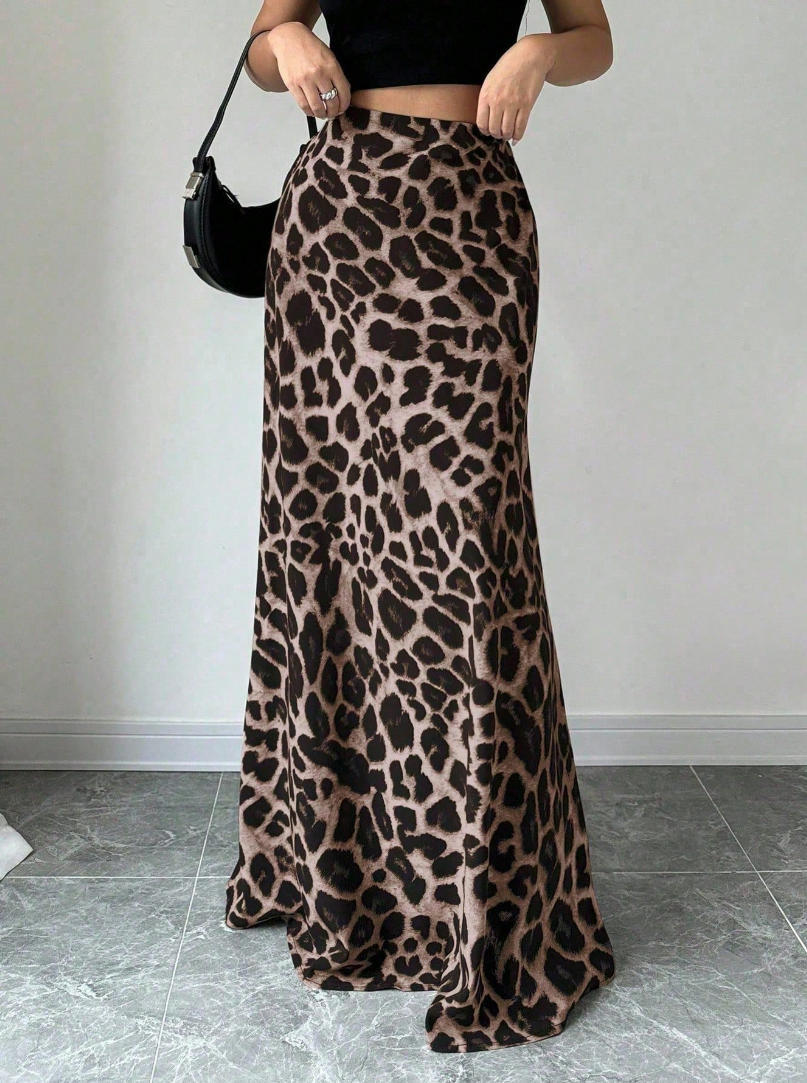 Chic Satin/Silk Leopard Print A-Line Midi Skirt - Elastic Waist Office to Cocktail Style