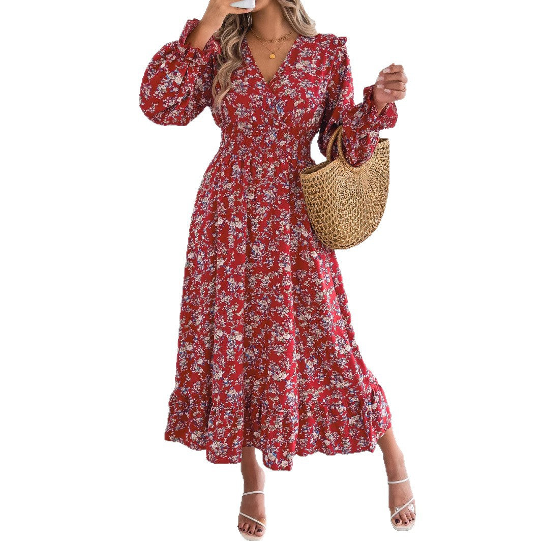 Floral Ruffle Long Sleeve Cross V-Neck Maxi Dress 2025