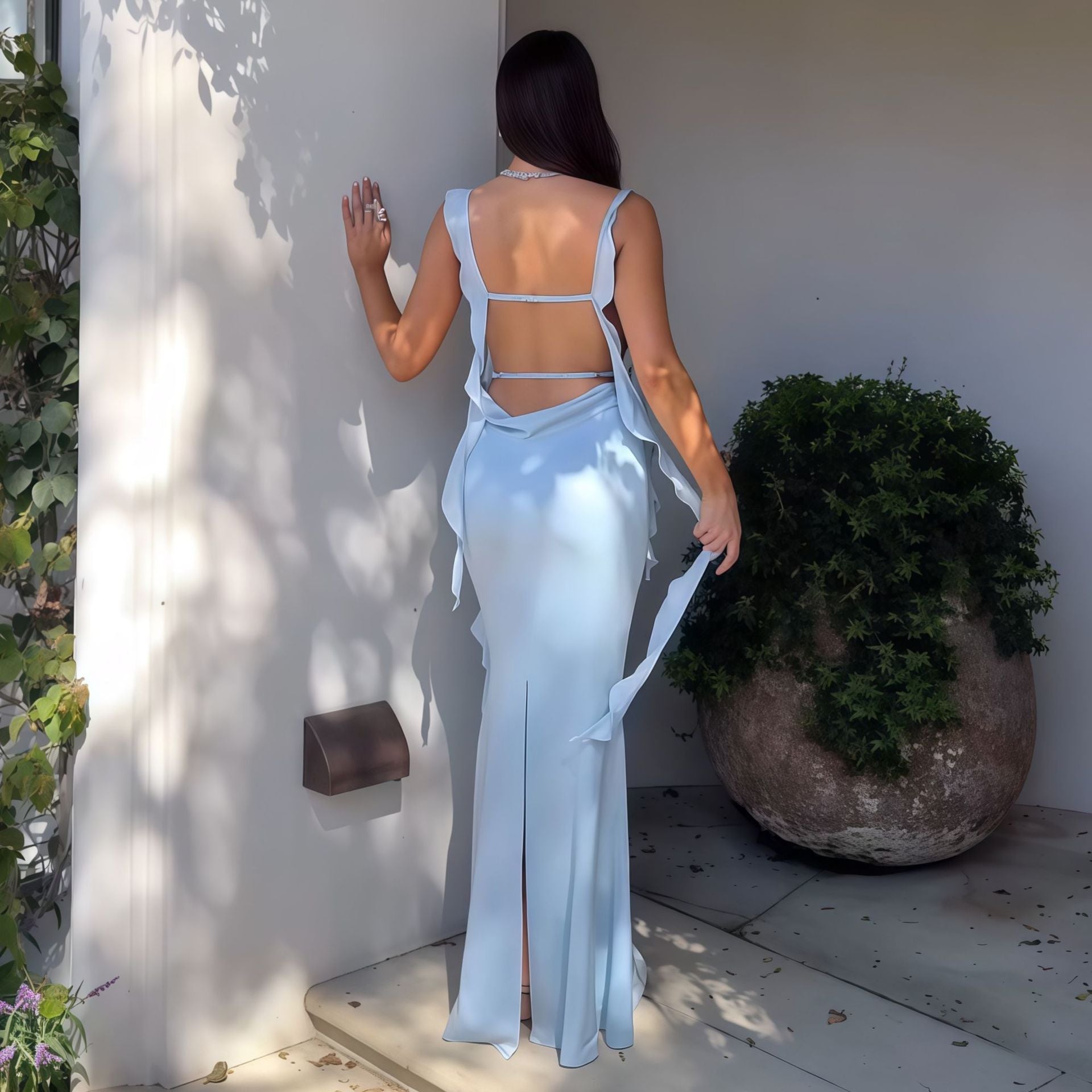 Chic Light Blue Strapless Maxi Dress | Ruffled Bodice & Full-Length Gown | Ideal for Formal Occasions or Resort Wear