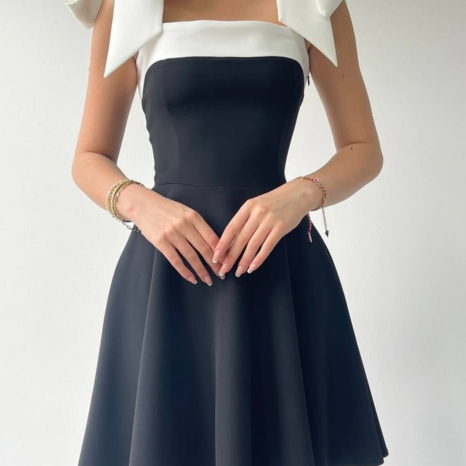 Chic Black Lace-Up Square Neck A-Line Mini Dress