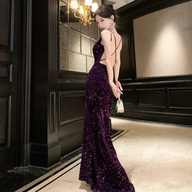 Charming Backless Sequined V-Neck Hip Dress for Party Nights