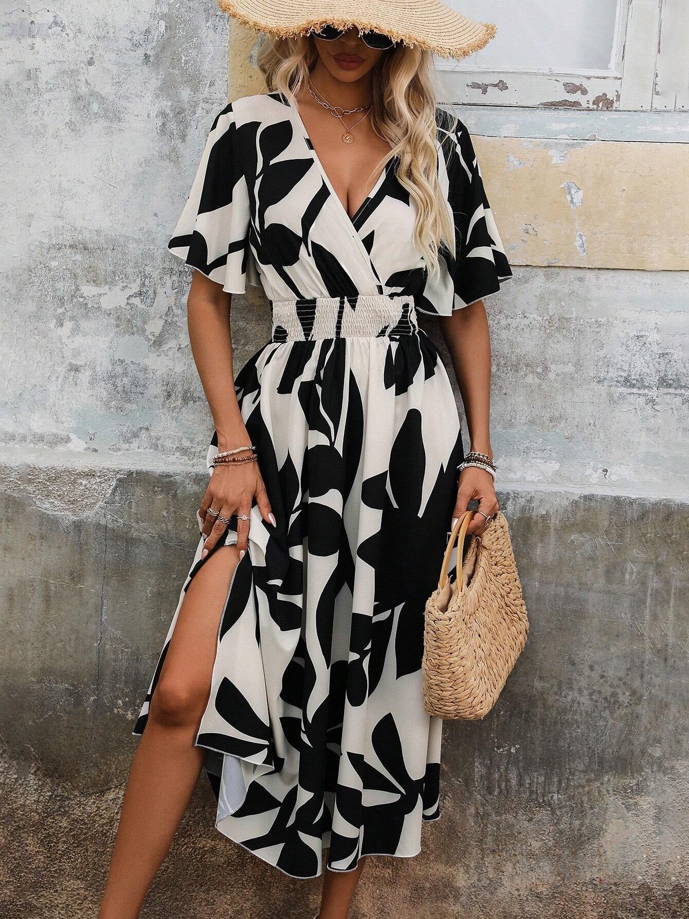 Floral Cross Neck Short Sleeve Slit Maxi Dress with Belt 2025