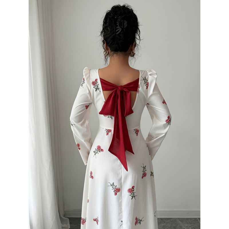 Stylish Floral Print Spliced Polyester Long Dress with Square Neck