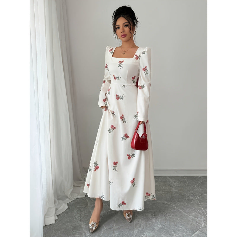 Stylish Floral Print Spliced Polyester Long Dress with Square Neck