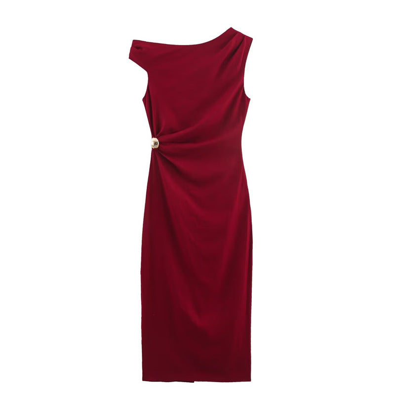 Elegant Claret Pleated Linen Blend Midi Dress for Women 2025