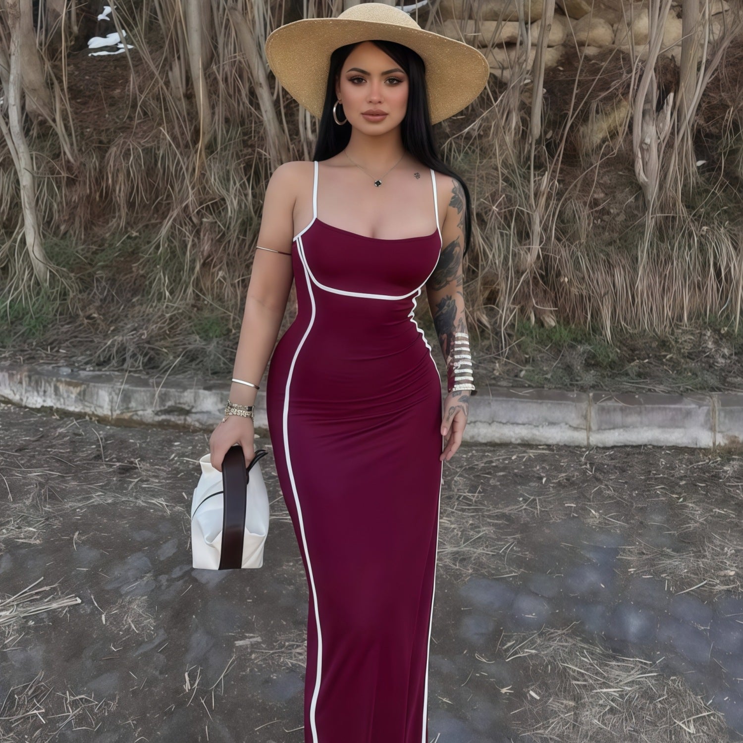 Elegant Red Color-Block Sleeveless Bodycon Maxi Dress