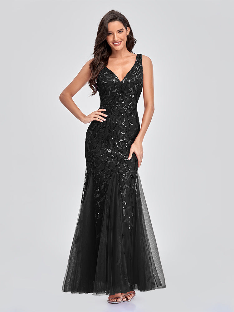 Embroidered Tulle V-Neck Mermaid Gown for Elegant Evenings