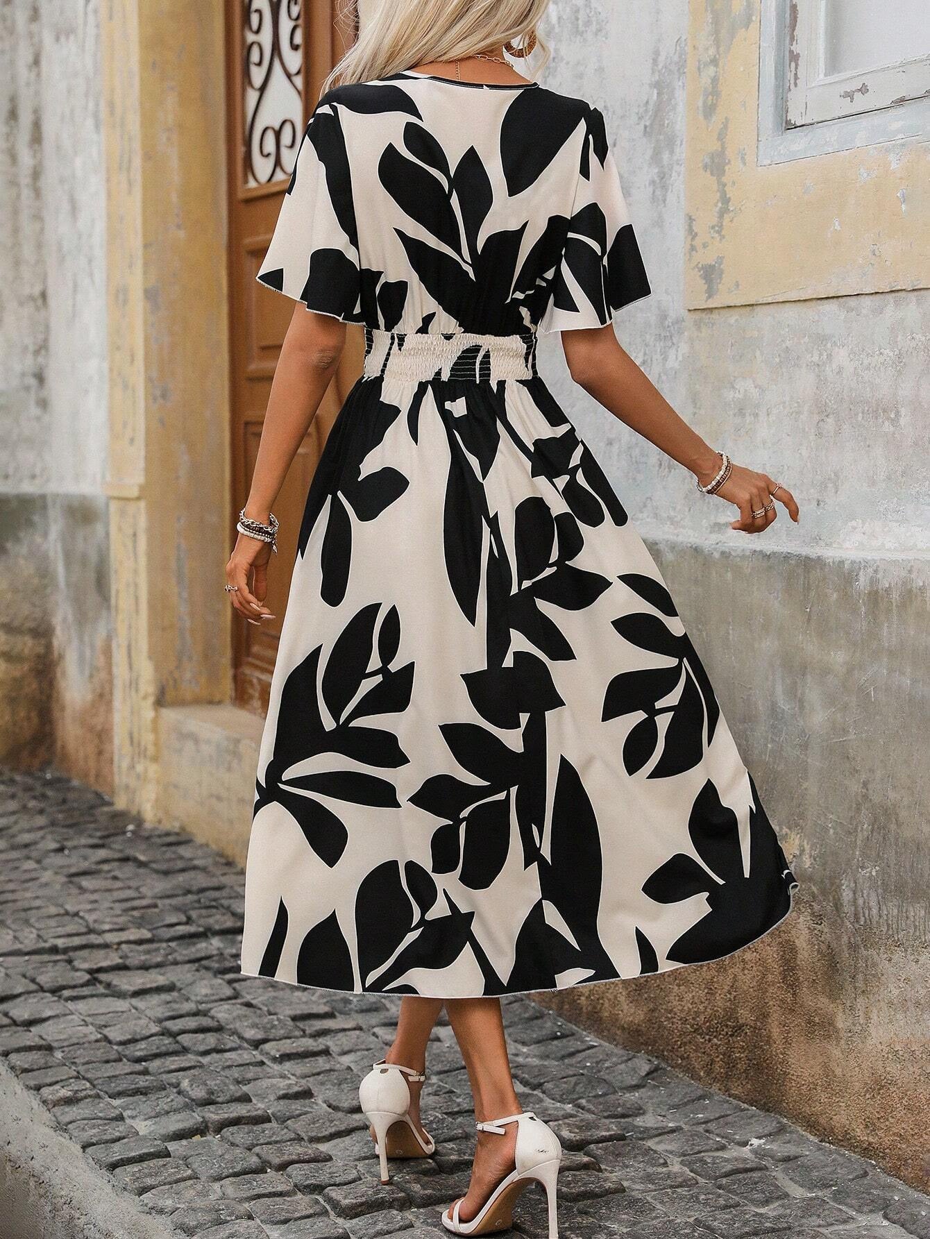 Floral Cross Neck Short Sleeve Slit Maxi Dress with Belt 2025