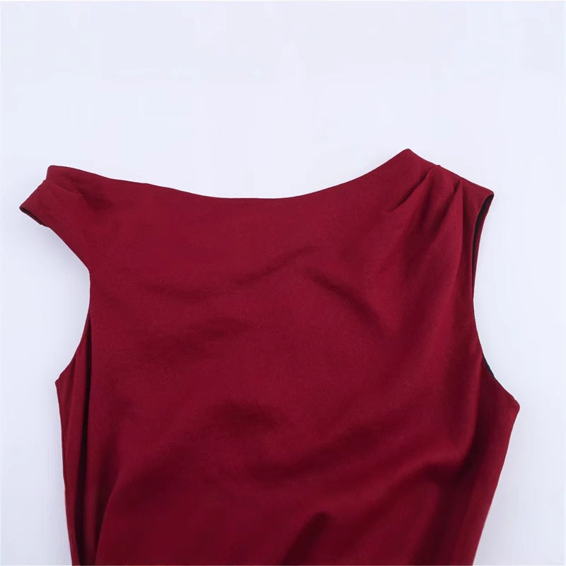 Elegant Claret Pleated Linen Blend Midi Dress for Women 2025